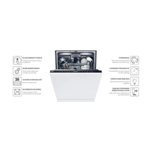 Haier Washlens Plus XI 6B0S3FSB Посудомийна машина 59,7 см Автоматичне відкриття дверцят Ящик для столових приборів