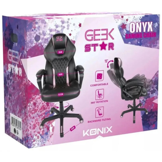 Ігрове крісло Konix Geek Star до 150 кг з чорної та рожевої екошкіри