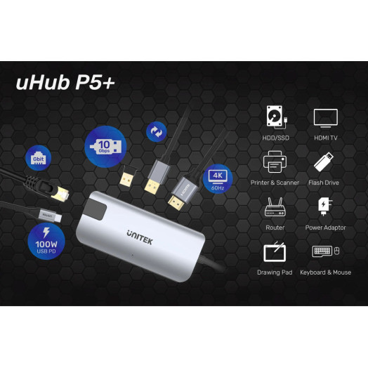 Док-станція Unitek D1028A, USB-C, 2x USB-A, HDMI, RJ45, PD 100 Вт