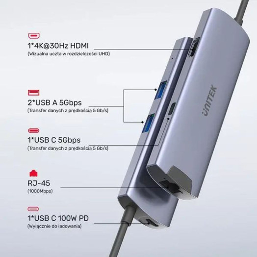 Концентратор USB Unitek H1112F USB-C PD100W RJ-45 5Gbps Grey