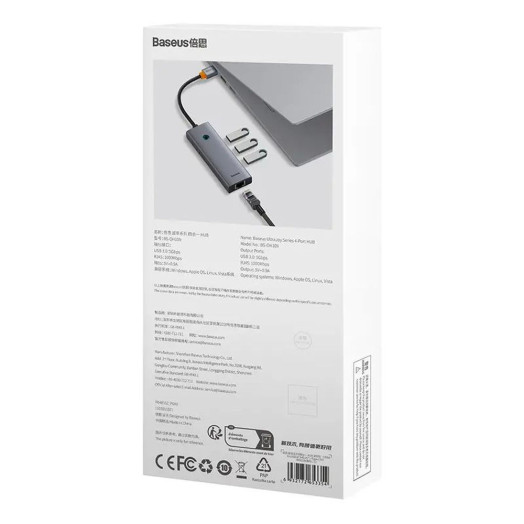 4-портовий USB-концентратор Baseus B0005280B811-12 UltraJoy Series Lite (USB до USB 3.0*3+RJ45*1+USB-C 5V) сірий