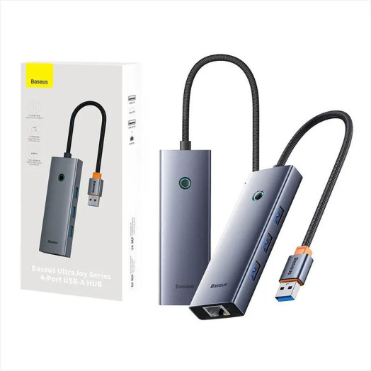 4-портовий USB-концентратор Baseus B0005280B811-12 UltraJoy Series Lite (USB до USB 3.0*3+RJ45*1+USB-C 5V) сірий