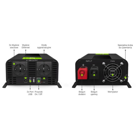 Green Cell PRO INVGC09 12 В до 230 В 1000 Вт/2000 Вт перетворювач чистої синусоїди