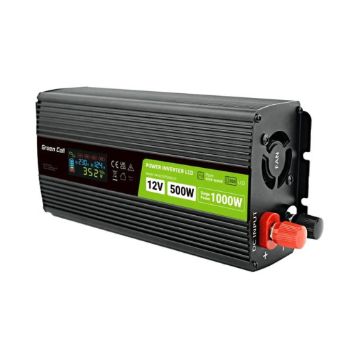 Green Cell INVGC12P500LCD перетворювач 12 В до 230 В 500 Вт/1000 Вт чиста синусоїда