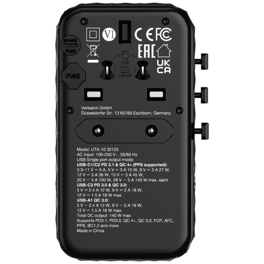 Дорожній адаптер Verbatim GaN III UTA-10 World to World USB-A USB-C QC 140 Вт
